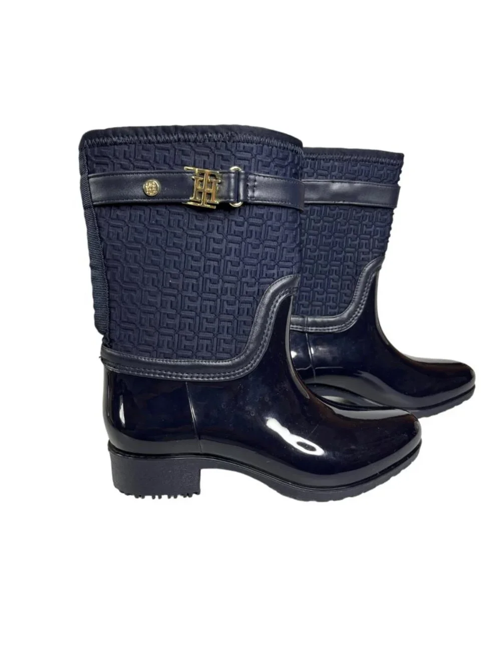 Tommy Hilfiger Rubber Rain Boots Patterned Textile Upper Gold Buckle Size 6 Blue